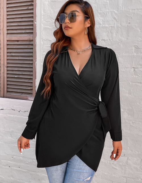 Load image into Gallery viewer, Large Plus Size 4XL Blouse for Women 2022 Peplum Tunic Tops Autumn Winter Black Belt Curvy Casual Oversized Solid Loose T Shirts
