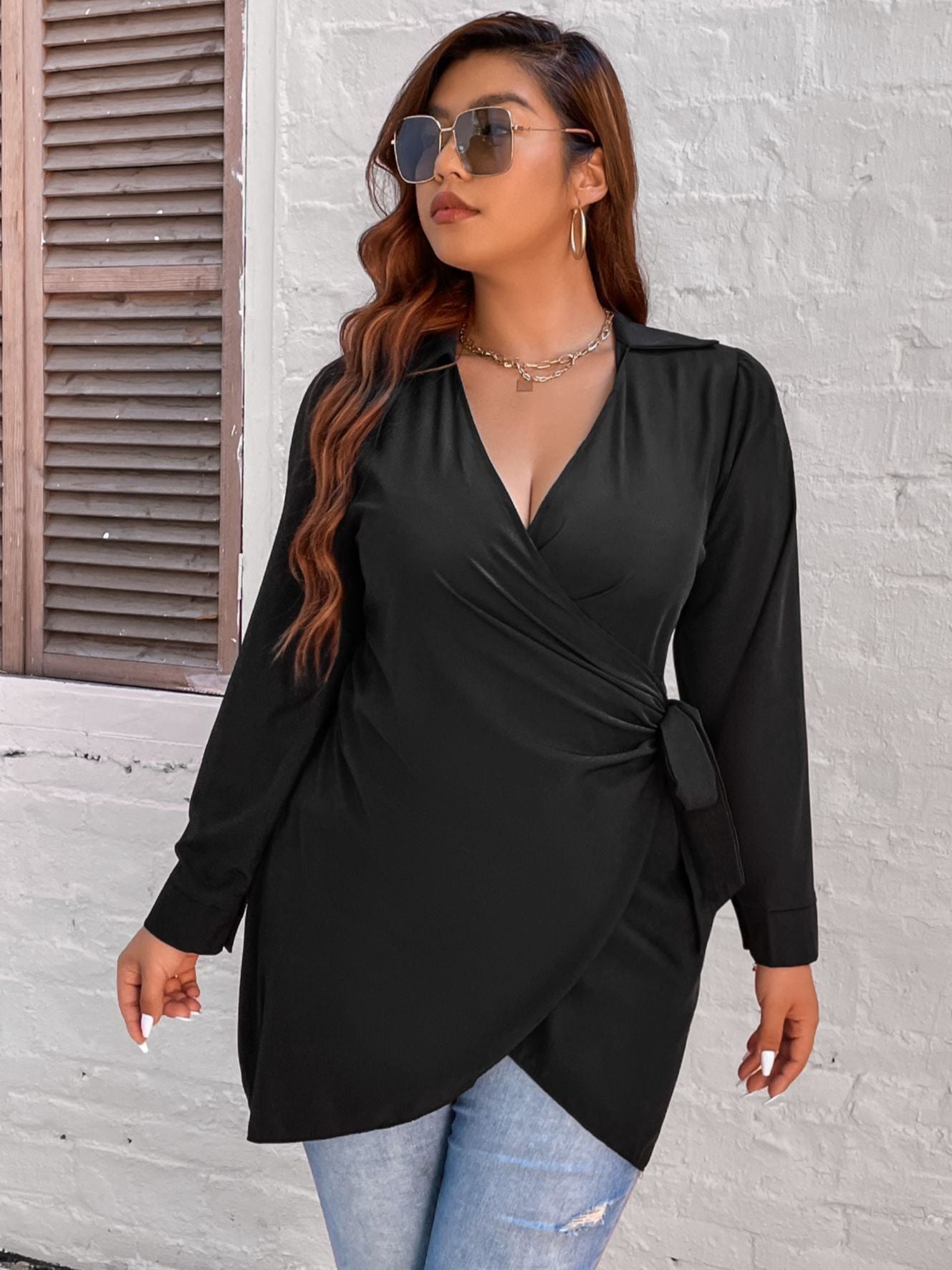 Large Plus Size 4XL Blouse for Women 2022 Peplum Tunic Tops Autumn Winter Black Belt Curvy Casual Oversized Solid Loose T Shirts