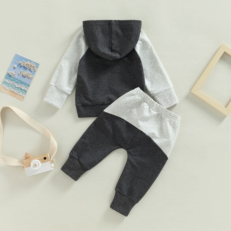 0-3Years Toddler Baby Boy 2Pcs Autumn Clothes Outfit Long Sleeve Patchwork Hooded Top Solid Pants 3Colors