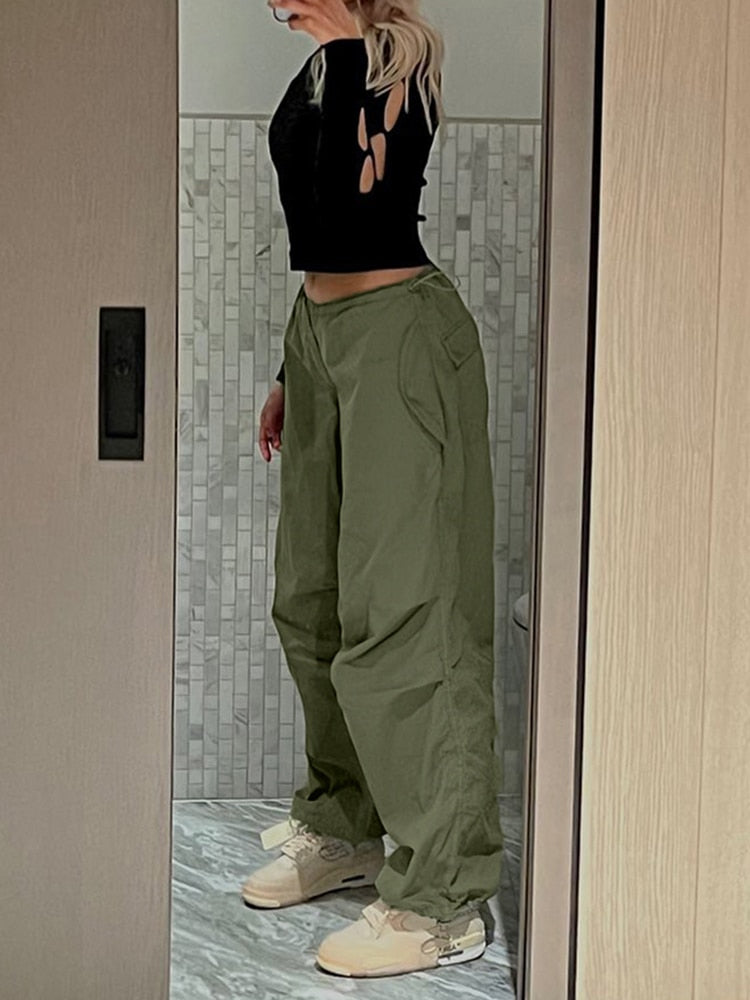 Women Casual Baggy Wide Leg Sweatpants Fashion Vintage Chic Solid Drawstring Trousers Y2K Loose Streetwear Joggers Cargo Pants