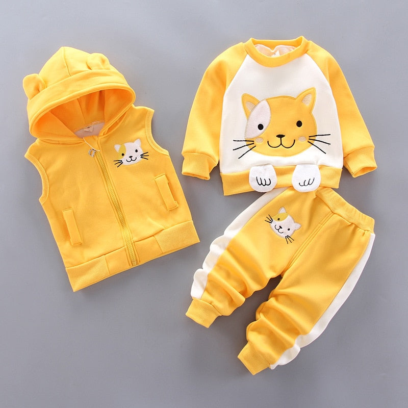 Autumn Winter Baby Boys Clothes Sets Thick Fleece Cartoon Bear Jacket Vest Pants 3Pcs Cotton Sport Suit For Girls Warm Outfits