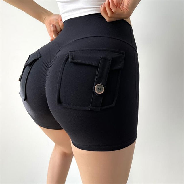 Women Sport Shorts Pockets Gym Sexy High Waist Workout Push Up Booty Scrunch Biker Shorts Pants Fitness Cycling Tights