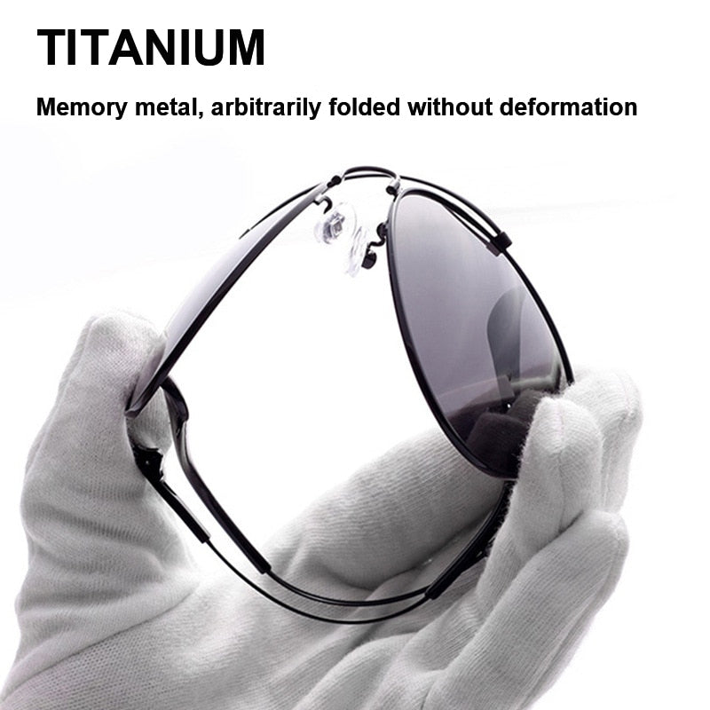 New Titanium Polarized Pilot Sunglasses Men Outdoor Car Driving Photochromic Memory metal Toad Sunglasses For Men UV400