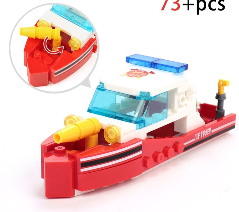 348pcs Fire Fighting 4in1 Trucks Car Helicopter Boat Building Blocks City Firefighter Figures Man Bricks Children Toys