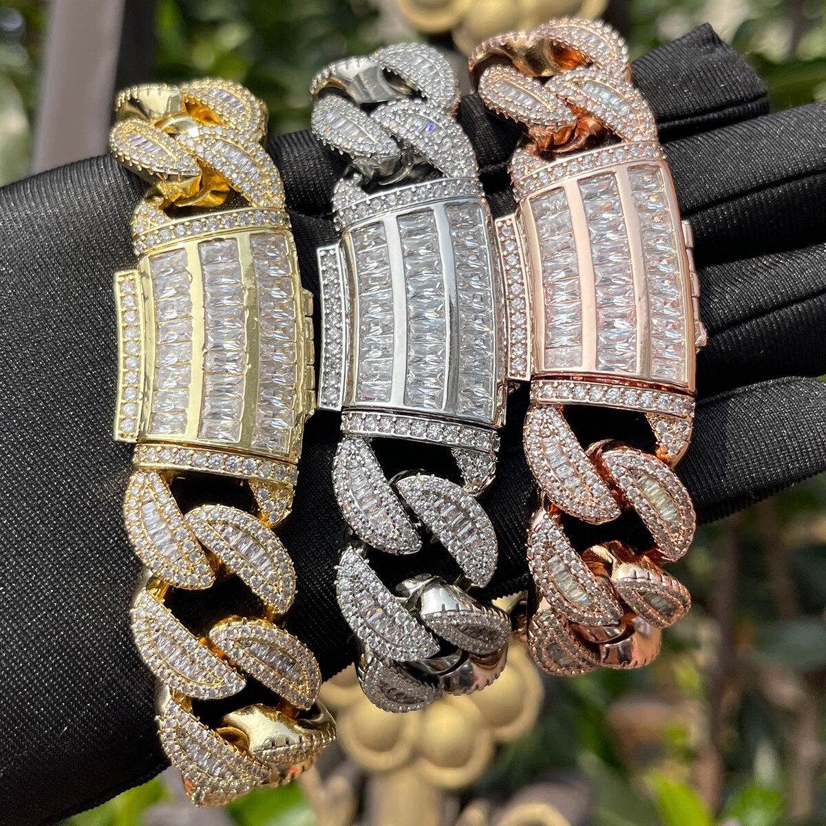 Baguette Cuban Link Bracelet for Men Iced Out Prong Setting Necklace Choker Real Gold Plated Hip Hop Jewelry