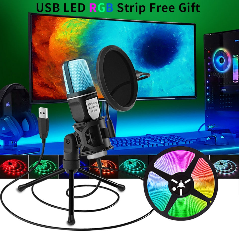 USB Microphone RGB Microfone Condensador Wire Gaming Mic for Podcast Recording Studio Streaming Laptop Desktop PC