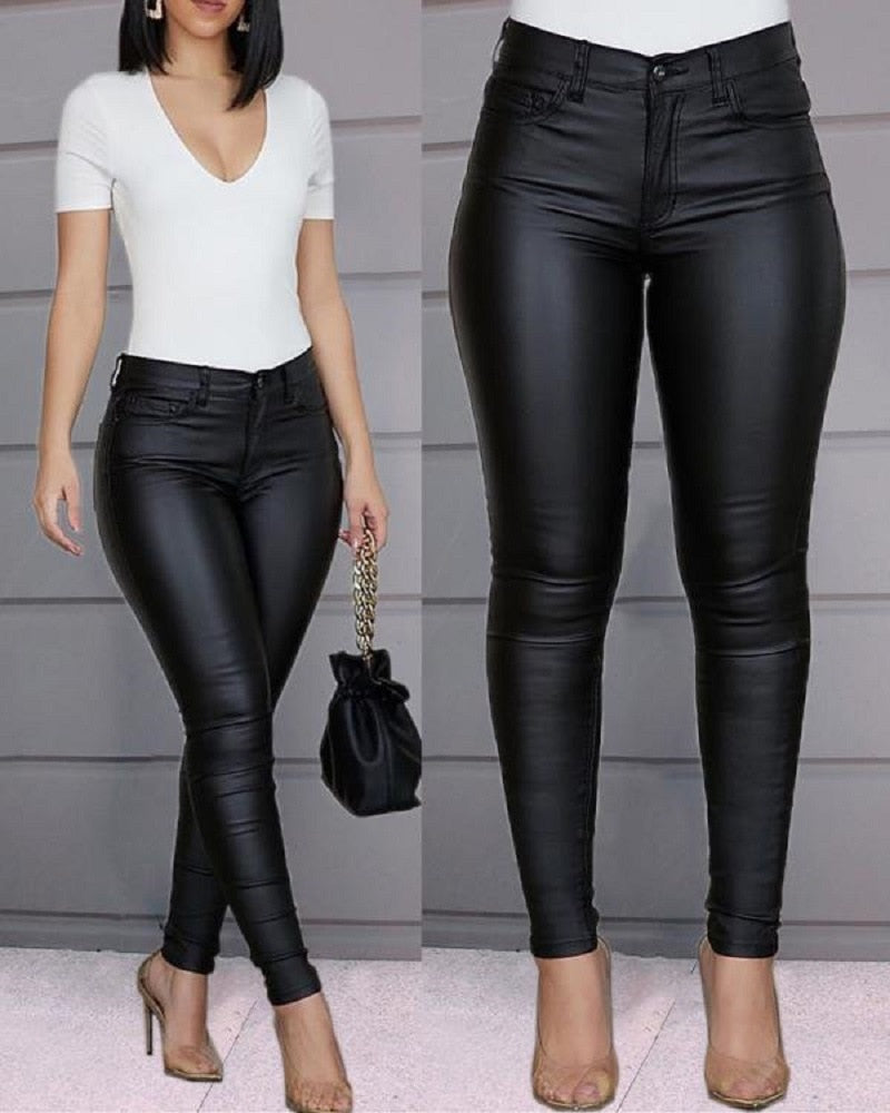 WomenLeather Pants Black Sexy Stretch Bodycon Trousers Women High Waist Long Casual Pencil Pants Plus Size S-3XL