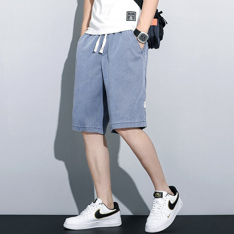 Summer Soft Cosy Lyocell Fabric Men&#39;s Denim Shorts Thin Loose Pants Drawstring Elastic Waist Korea Casual Short Plus Size M-5XL