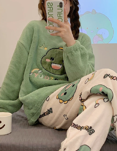 Load image into Gallery viewer, Autumn Winter New Warm Flannel Women&#39;s Pajamas Set Long-sleeved Trousers Two-piece Set Cute Soft Home Wear Clothes for Women
