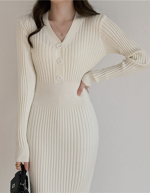 Load image into Gallery viewer, Vintage Knitted Sweater Long Sleeve Dresses Women Slim Bodycon Korean Elegant Fall Winter Button V Neck Sweater Midi Woman Dress
