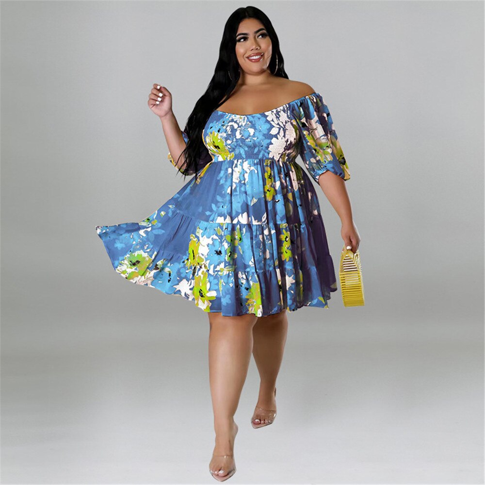 Plus Size Summer Dresses Women&#39;s Clothing Flower Printed One Shoulder Elegant Mini Dress Hot Sale Wholesale Dropshipping