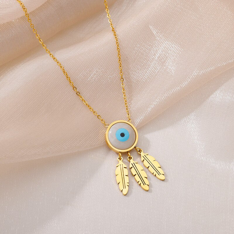 Evil Eye Necklace for Women Stainless Steel Gold Plated Feather Pendants Necklaces 2023 Trend Fashion Aesthetic Jewelry collares