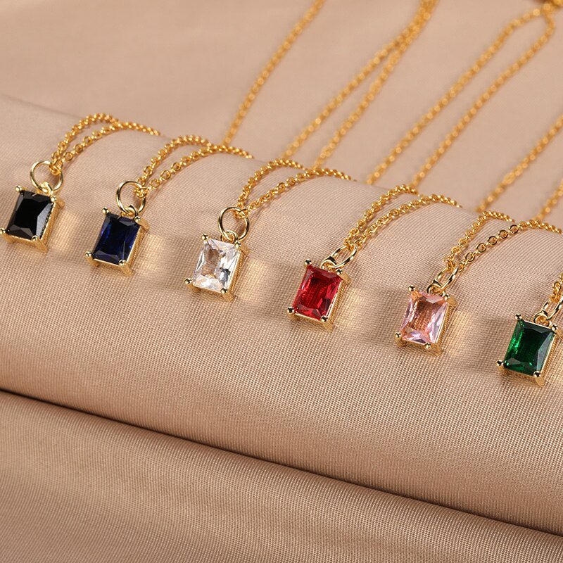 Korean Square Zircon Stone Pendant Necklaces  Color Stainless Steel Multicolor Crystal Necklaces Choker  collares para mujer