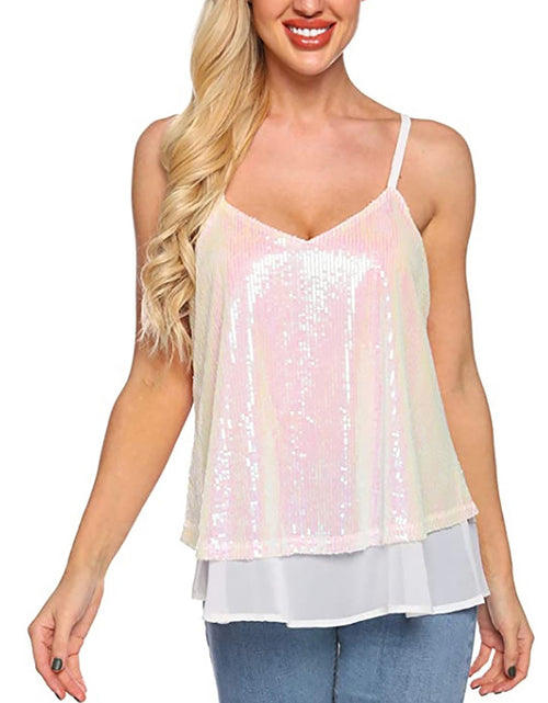 Load image into Gallery viewer, Women Sequins Camisloes with See-through Mesh Sexy Spaghetti Strap Backless Tank Tops Party Club Shiny Vests Summer Clothes
