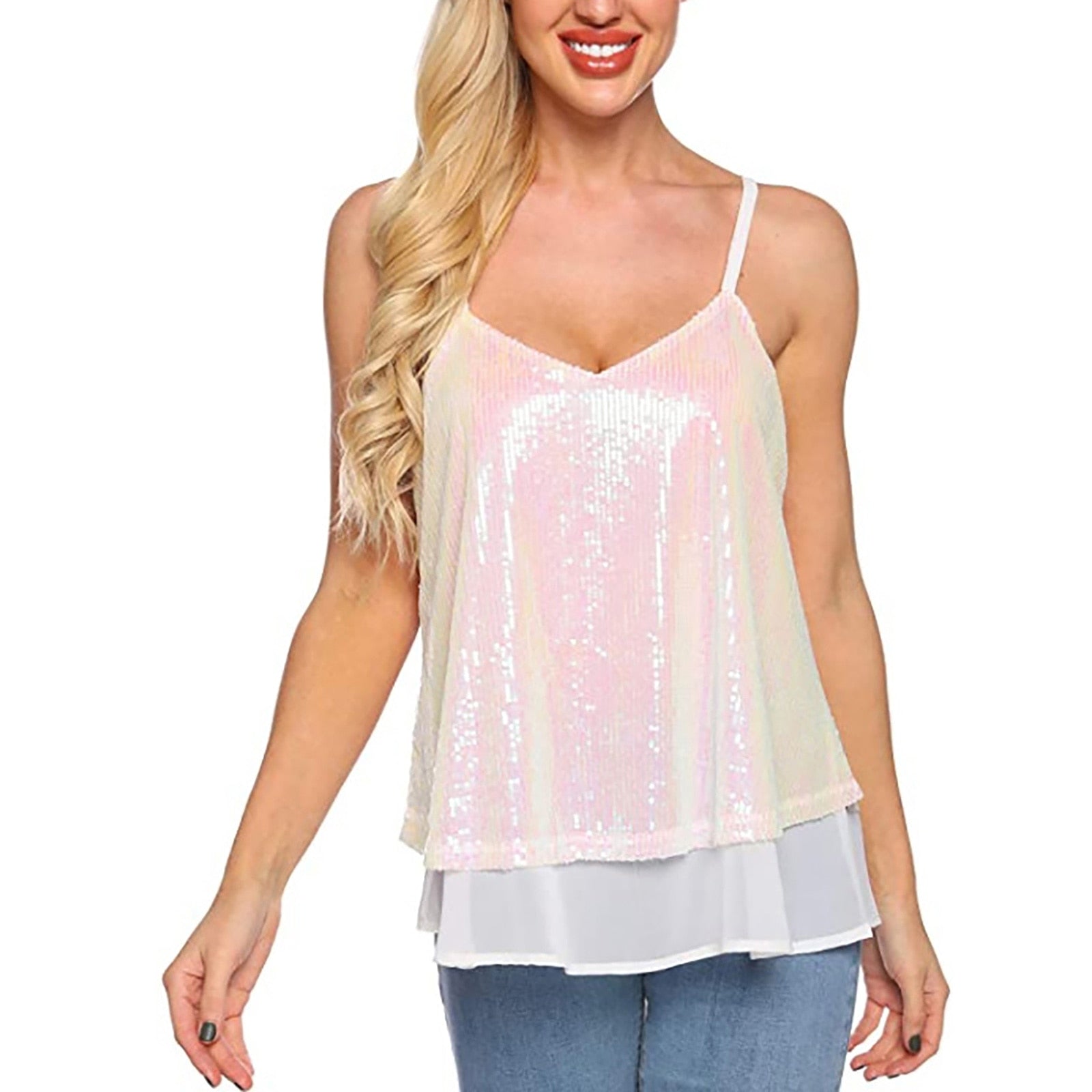 Women Sequins Camisloes with See-through Mesh Sexy Spaghetti Strap Backless Tank Tops Party Club Shiny Vests Summer Clothes