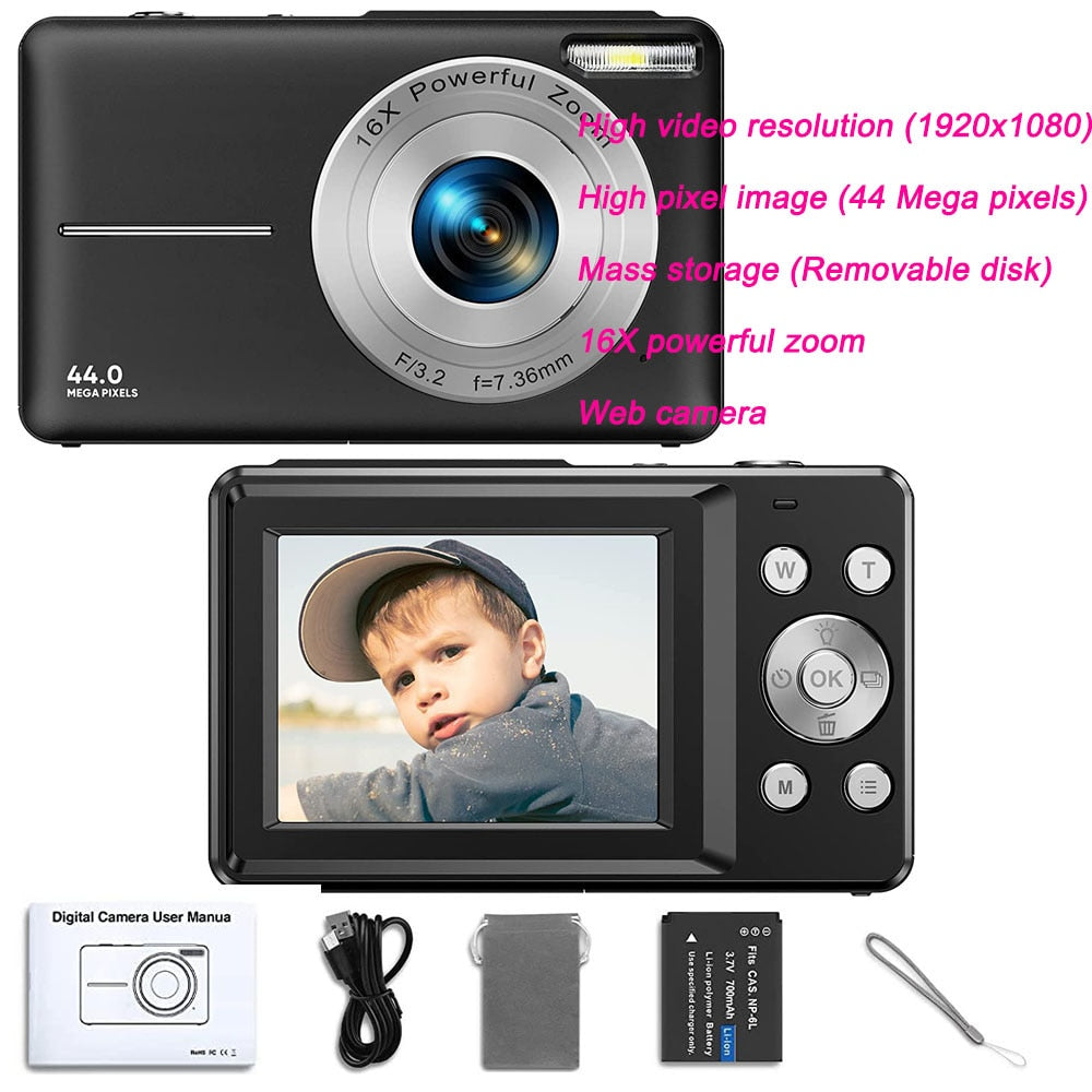 Digital Camera Children Camera for Children Camcorder with 16x Zoom Compact Cameras 1080P 44MP Cameras for Beginner Photography