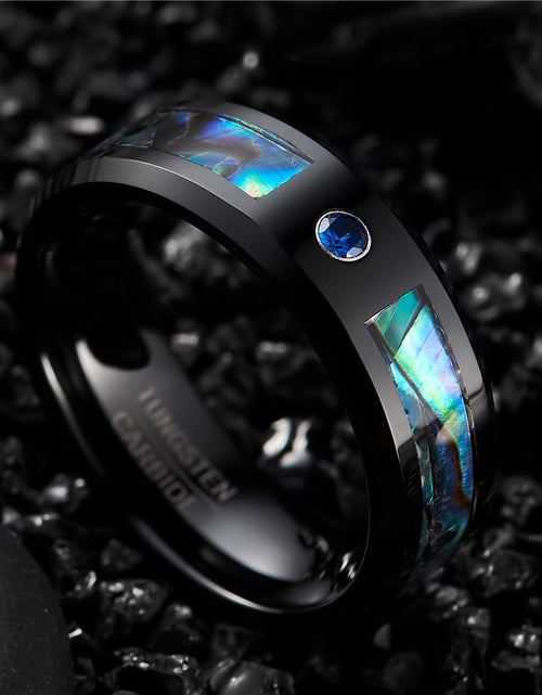 Load image into Gallery viewer, 8mm Tungsten Carbide Ring Black Abalone Shell Ring with Blue CZ Stone Finger Men Women Wedding Band Ring Jewelry
