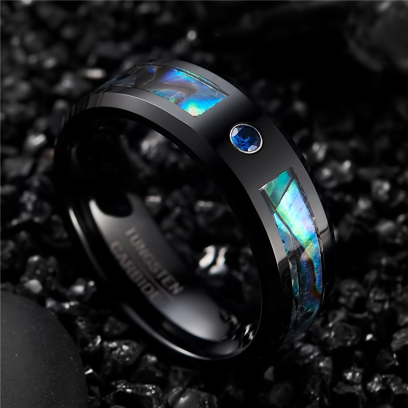 8mm Tungsten Carbide Ring Black Abalone Shell Ring with Blue CZ Stone Finger Men Women Wedding Band Ring Jewelry