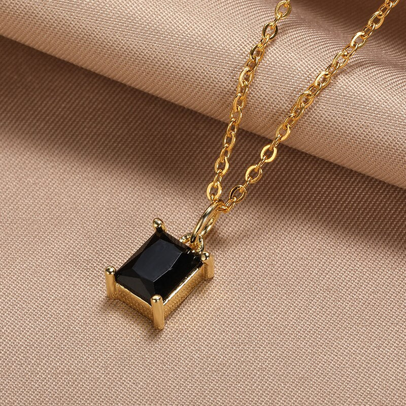 Korean Square Zircon Stone Pendant Necklaces  Color Stainless Steel Multicolor Crystal Necklaces Choker  collares para mujer