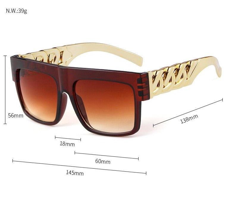 2021 Oversized Hip Hop Sunglasses Men Women Brand Design Flat Top Retro Square Black Sun Glasses Gold Plastic Chain Frame OM725