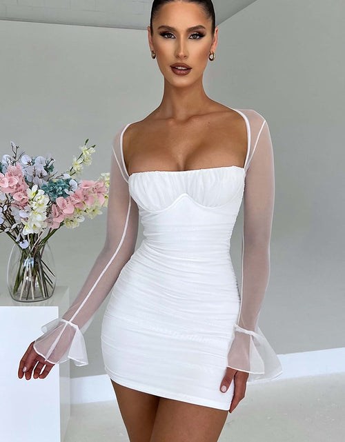 Load image into Gallery viewer, Elegant Backless Sexy Mini Dress For Women Robe Two Layer Mesh Full Sleeve Zipper Bodycon Party Short Dress Vestido
