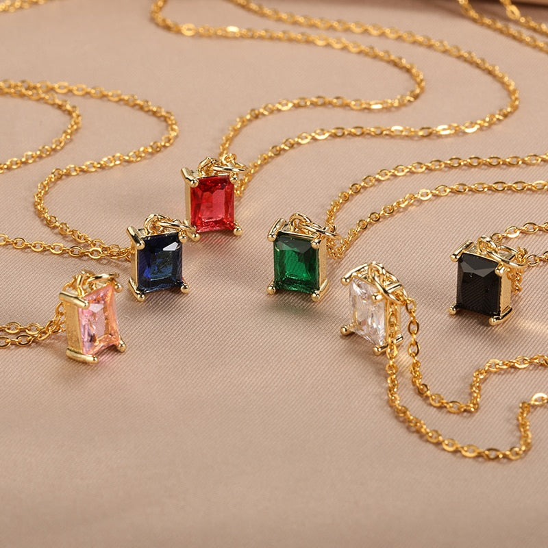 Korean Square Zircon Stone Pendant Necklaces  Color Stainless Steel Multicolor Crystal Necklaces Choker  collares para mujer