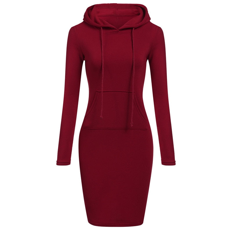 2022 Spring Autumn Sweatshirt Long-Sleeved Dress Woman Clothing Hooded Collar Pocket Simple Casual Lady Dress Sweatshirt