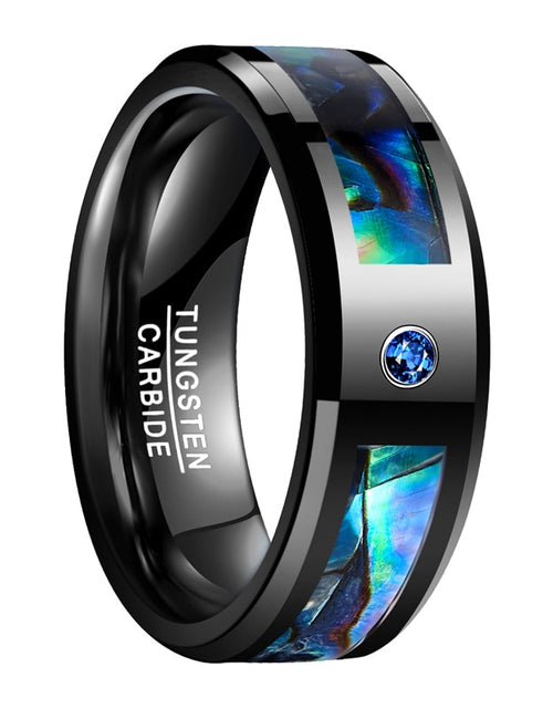 Load image into Gallery viewer, 8mm Tungsten Carbide Ring Black Abalone Shell Ring with Blue CZ Stone Finger Men Women Wedding Band Ring Jewelry
