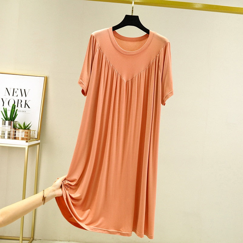 Modal Nightgown Women Cotton Clothes for Summer Loose Large Size Casual Short-sleeved Night Dress Pleated Thin Home Long Dress