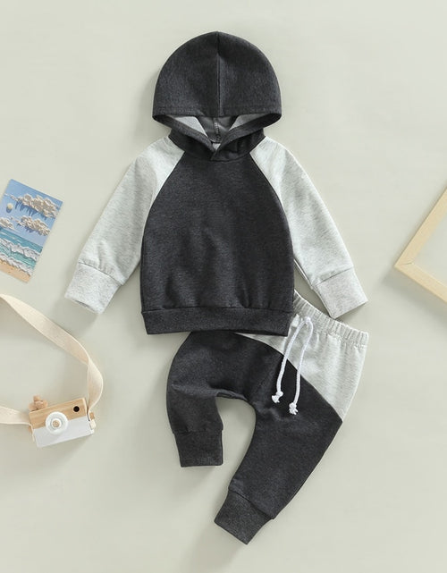 Load image into Gallery viewer, 0-3Years Toddler Baby Boy 2Pcs Autumn Clothes Outfit Long Sleeve Patchwork Hooded Top Solid Pants 3Colors
