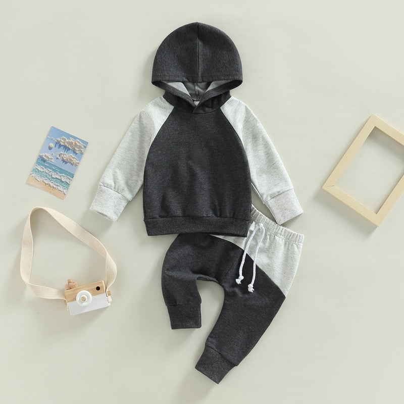 0-3Years Toddler Baby Boy 2Pcs Autumn Clothes Outfit Long Sleeve Patchwork Hooded Top Solid Pants 3Colors