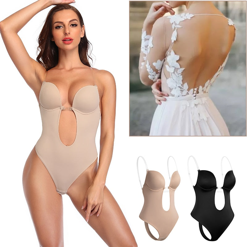 Women Plunging Deep V-Neck Strapless Backless Bodysuit Seamless Thong Full Body Shapewear for Wedding Party