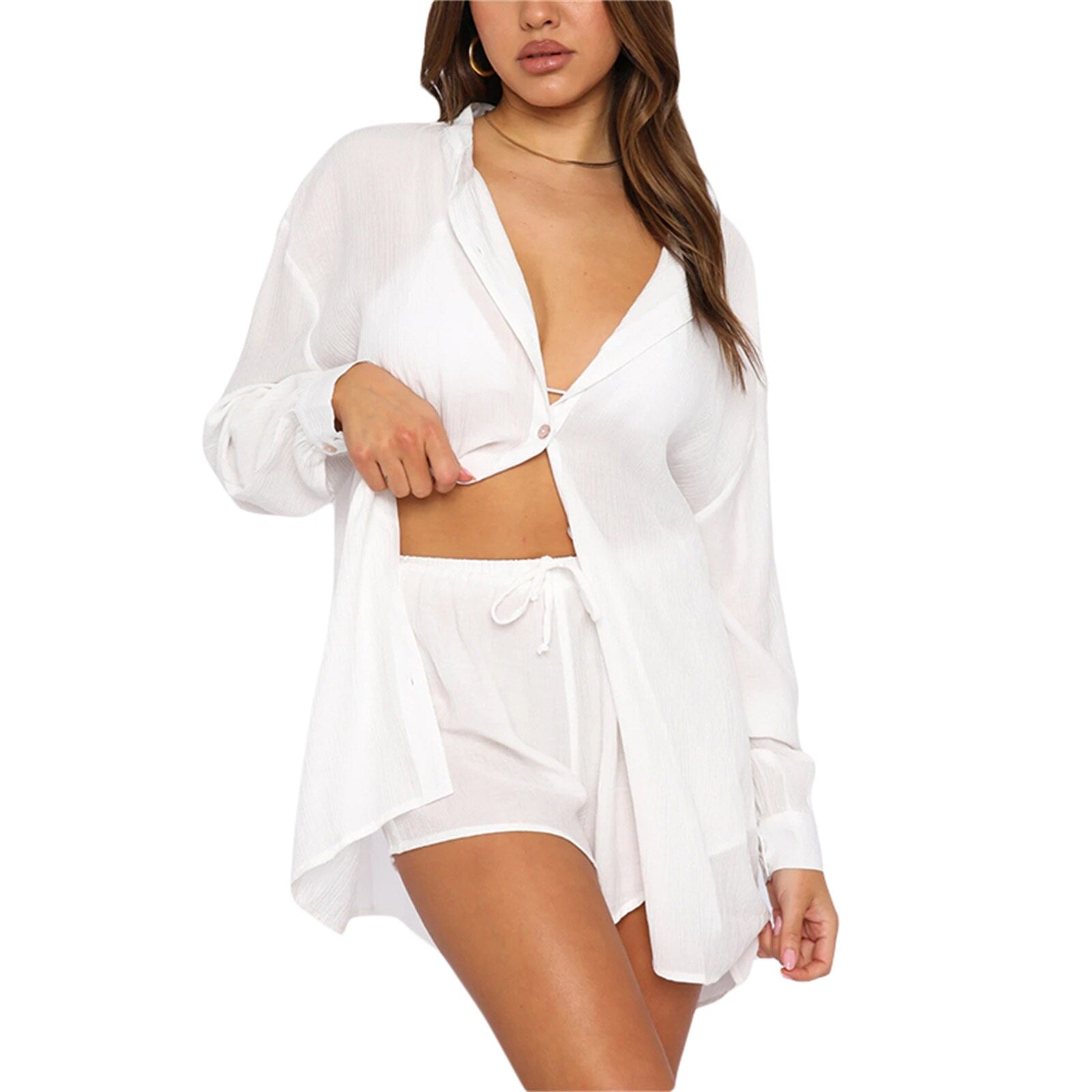 New Casual Summer Tracksuit Female Two Piece Set Solid Color Turn-Down Collar Short Sleeve Shirt Tops And Loose Mini Shorts Suit