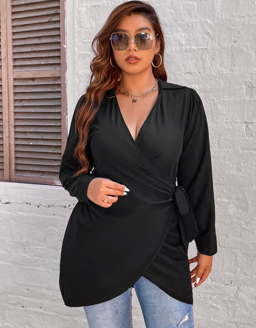 Load image into Gallery viewer, Large Plus Size 4XL Blouse for Women 2022 Peplum Tunic Tops Autumn Winter Black Belt Curvy Casual Oversized Solid Loose T Shirts
