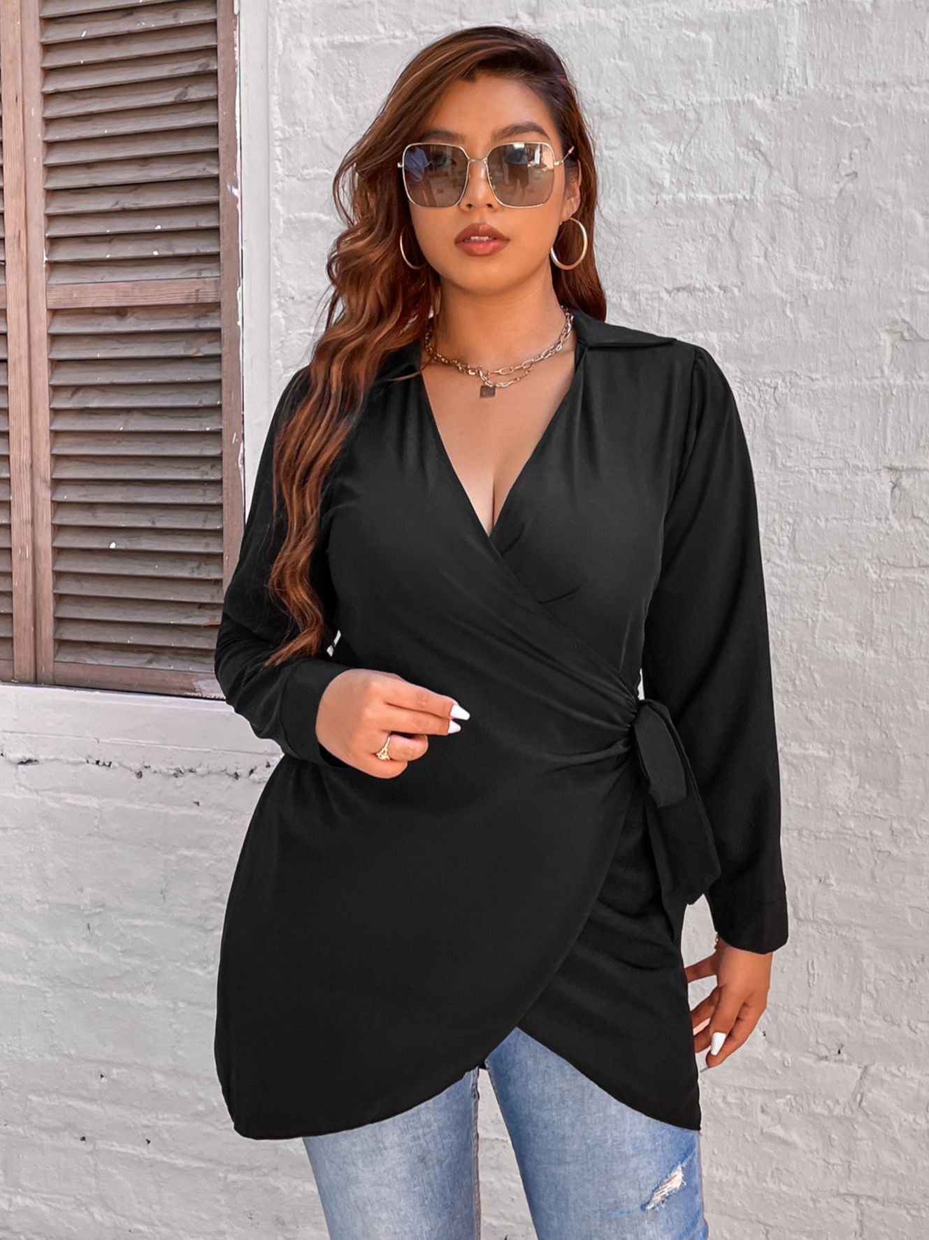 Large Plus Size 4XL Blouse for Women 2022 Peplum Tunic Tops Autumn Winter Black Belt Curvy Casual Oversized Solid Loose T Shirts