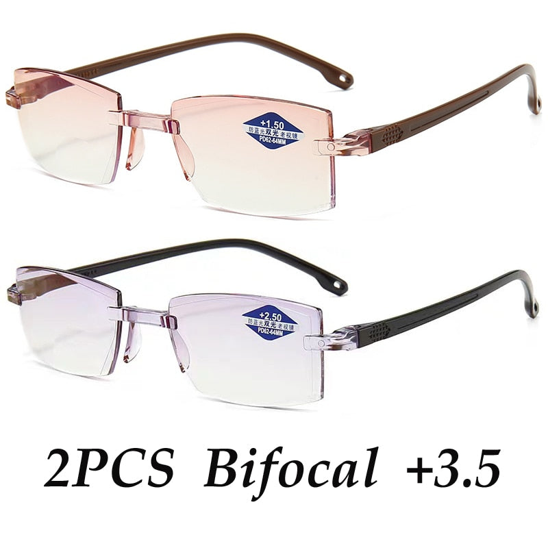 2PCS Rimless Bifocal Progressive Reading Glasses Men Women Near and Far Anti-blue Light Eyesglasses Vintage Prescription Eyewear