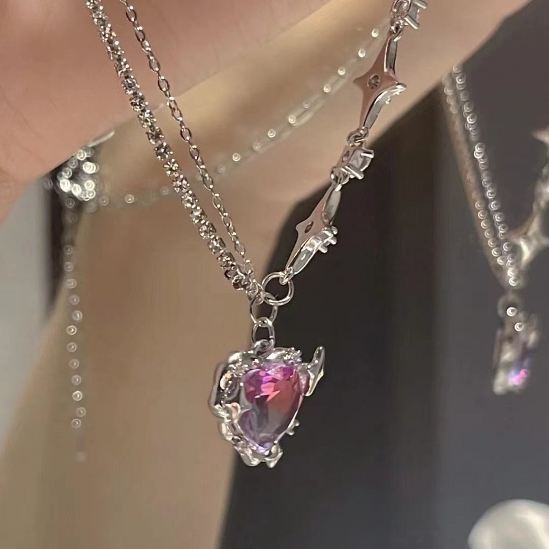 Accessories Fashion Peach Heart Water Drop Pendant Necklace Purple Crystal Egirl Sweet Cool Clavicle Chain Aesthetic Jewelry