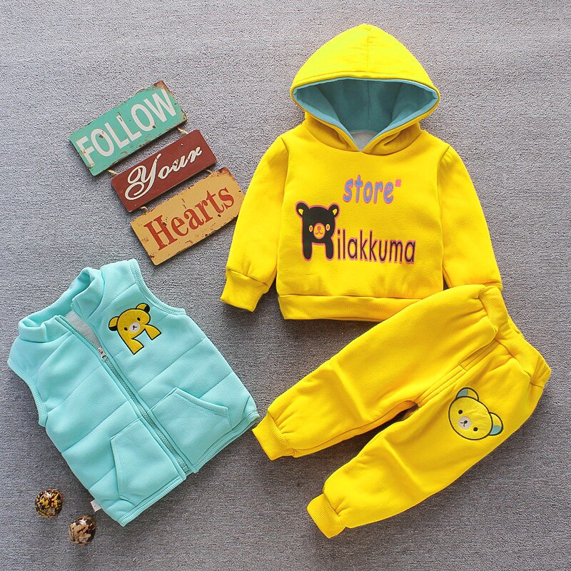 2022 Autumn Thick Warm Boys Clothing Sets Vest + Hooded Outerwear Tops + Pants 3Pcs Suit For Kids 1-5 Years Toddler Baby Outfit