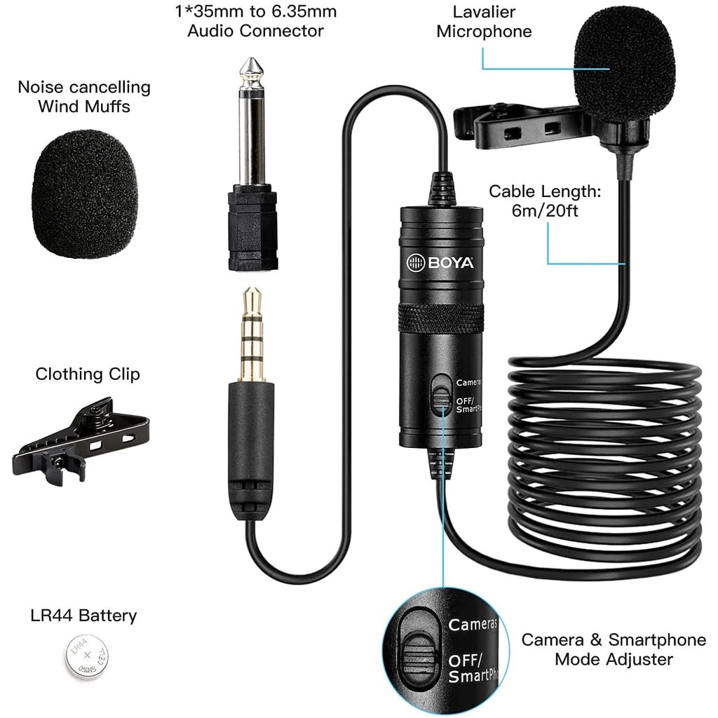 BY-M1 Condenser Lavalier Lapel Clip-on Microphone 3.5mm TRRS 6M Mic For PC iphone DSLR Camera YouTube Recording Streaming