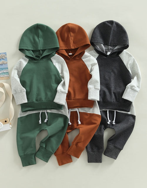 Load image into Gallery viewer, 0-3Years Toddler Baby Boy 2Pcs Autumn Clothes Outfit Long Sleeve Patchwork Hooded Top Solid Pants 3Colors
