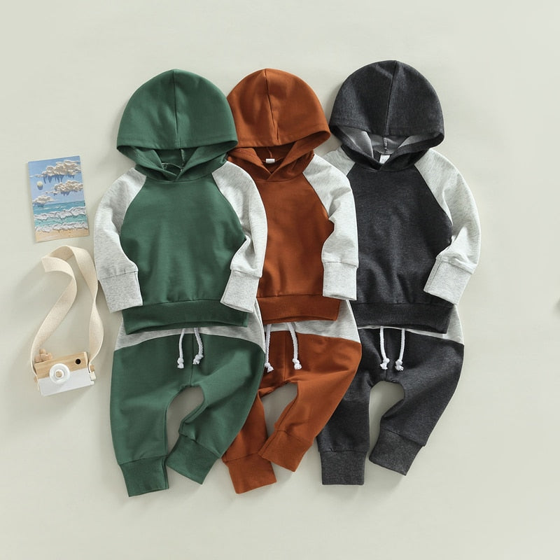 0-3Years Toddler Baby Boy 2Pcs Autumn Clothes Outfit Long Sleeve Patchwork Hooded Top Solid Pants 3Colors