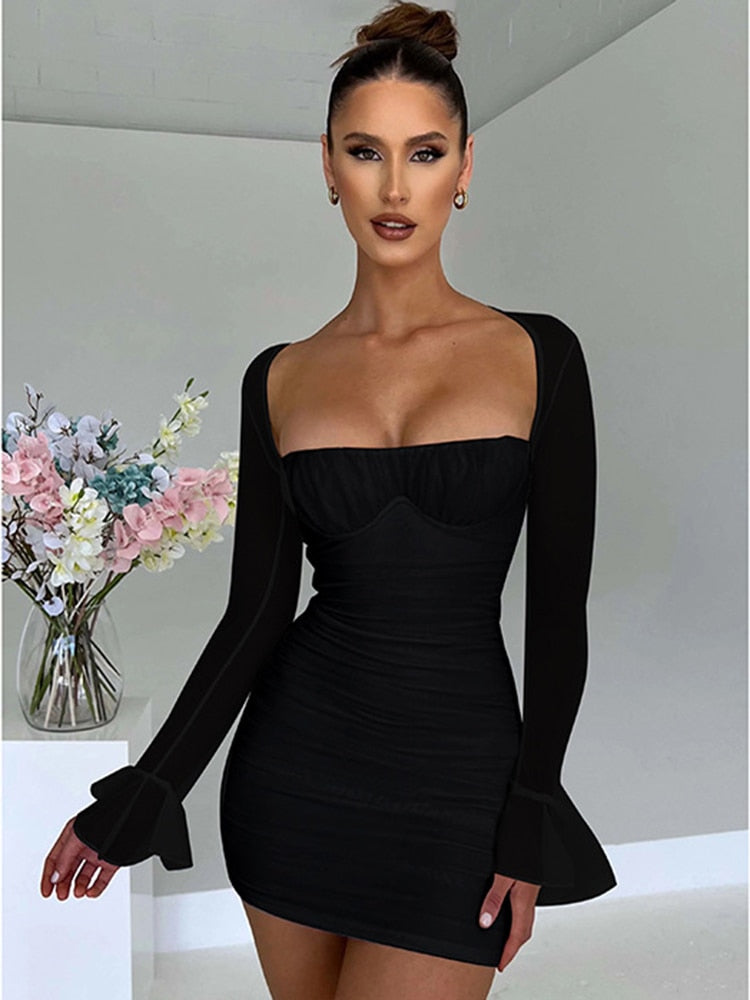 Elegant Backless Sexy Mini Dress For Women Robe Two Layer Mesh Full Sleeve Zipper Bodycon Party Short Dress Vestido