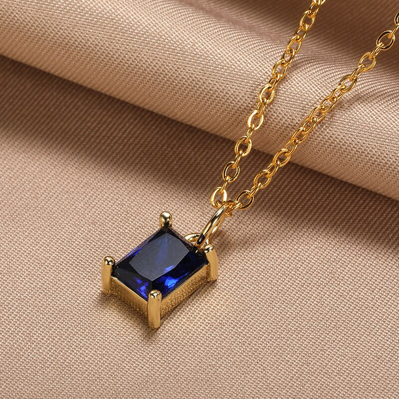 Korean Square Zircon Stone Pendant Necklaces  Color Stainless Steel Multicolor Crystal Necklaces Choker  collares para mujer