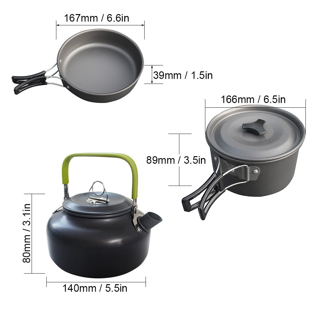 Portable Non-stick Aluminum Alloy Camping Cookware Outdoor Cooking Teapot Picnic Tableware Kettle Pot Frying Pan 3pcs/set