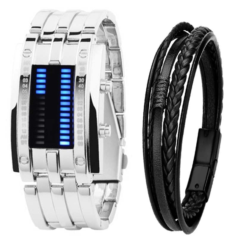 Men Watch 50m Waterproof Lava Watch Double Row Lamp Led Watch Male Binary Steel Band Electronic Sport Watch Relogios Masculino