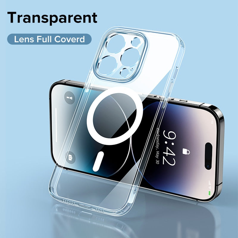 Magnetic Case For iPhone14 13 12 Pro Max Transparent Cover For iPhone 13 Pro Max Case Wireless Charger Magnet Back Cover