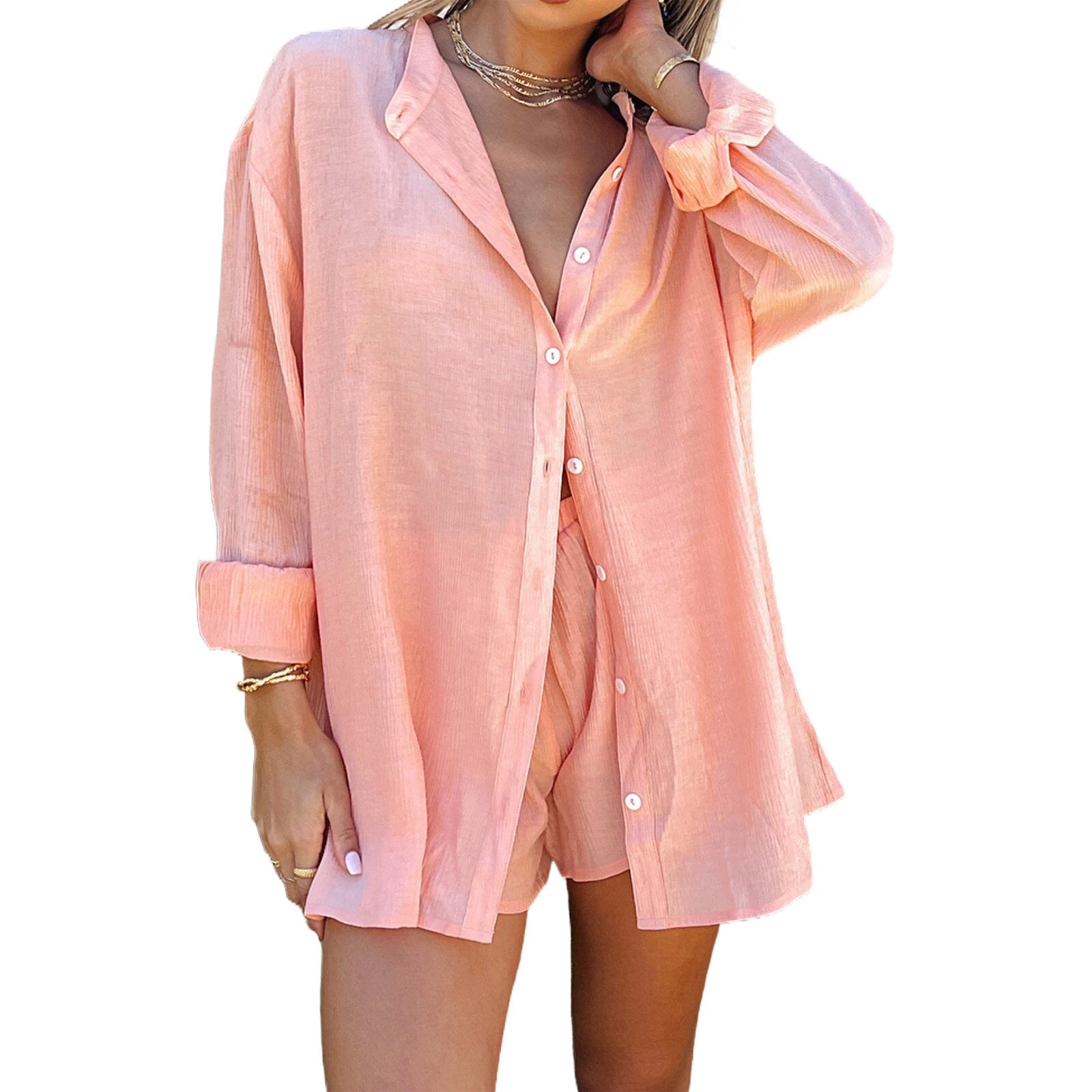 New Casual Summer Tracksuit Female Two Piece Set Solid Color Turn-Down Collar Short Sleeve Shirt Tops And Loose Mini Shorts Suit