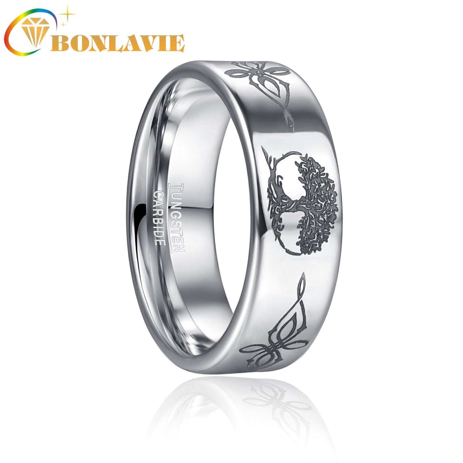 8mm Tungsten Carbide Steel Ring Polished Brushed Blue Laser Life Tree Animal Pattern Rings for Men Best Gift Jewelry