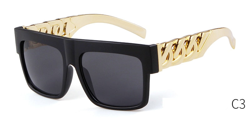 2021 Oversized Hip Hop Sunglasses Men Women Brand Design Flat Top Retro Square Black Sun Glasses Gold Plastic Chain Frame OM725