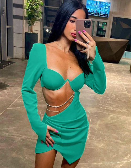 Load image into Gallery viewer, Autumn Diamond Chain Hollow Out Full Sleeve Mini Dress For Women Fashion Green Backless Ruched Dress Vestido Clothes
